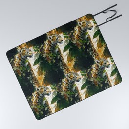 Leopard Decorated with Leaves Abstract Painting Orange Green Beige Black Picnic Blanket