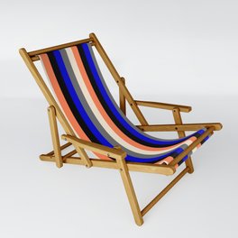 [ Thumbnail: Vibrant Dim Gray, Beige, Coral, Black & Blue Colored Stripes Pattern Sling Chair ]
