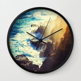 Mid Century Modern Round Circle Photo Graphic Design Blue Waters Rocky Shores With Sunlight Wall Clock
