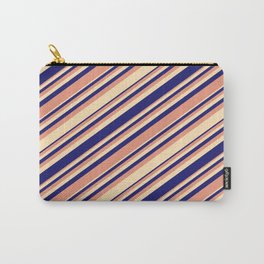 [ Thumbnail: Dark Salmon, Beige, and Midnight Blue Colored Pattern of Stripes Carry-All Pouch ]