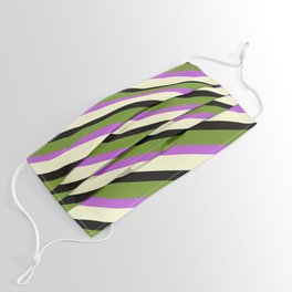 [ Thumbnail: Green, Orchid, Light Yellow, and Black Colored Striped Pattern Face Mask ]