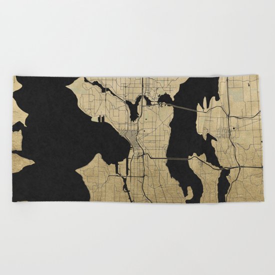 Seattle Black and Gold Street Map Beach Towel