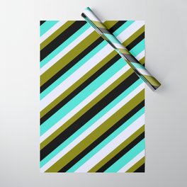 [ Thumbnail: Turquoise, Lavender, Green & Black Colored Pattern of Stripes Wrapping Paper ]