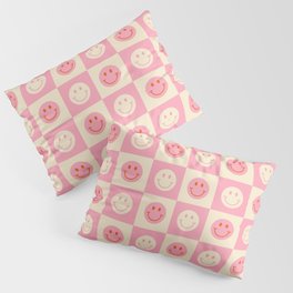 70s Retro Smiley Face Tile Pattern in Pink & Beige Pillow Sham