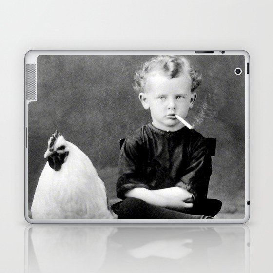 Smoking Boy with Chicken black and white photograph - photography - photographs Laptop & iPad Skin