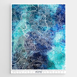 Rome Italy Map Navy Blue Turquoise Watercolor Jigsaw Puzzle