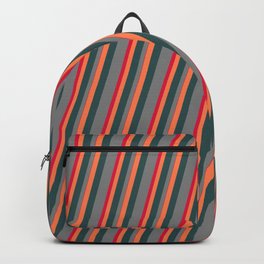 [ Thumbnail: Coral, Dark Slate Gray, Grey, and Crimson Colored Pattern of Stripes Backpack ]