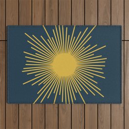 Sunburst - Minimalist Mid Century Modern Sun in Navy Blue and Light Mustard Yellow Outdoor Rug