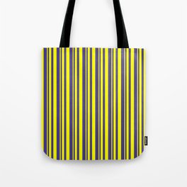 [ Thumbnail: Yellow and Dark Slate Blue Colored Striped Pattern Tote Bag ]