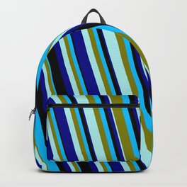 [ Thumbnail: Eyecatching Deep Sky Blue, Green, Turquoise, Dark Blue, and Black Colored Pattern of Stripes Backpack ]