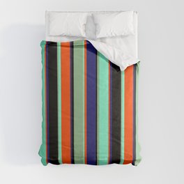 [ Thumbnail: Vibrant Black, Dark Sea Green, Aquamarine, Red, and Midnight Blue Colored Pattern of Stripes Comforter ]