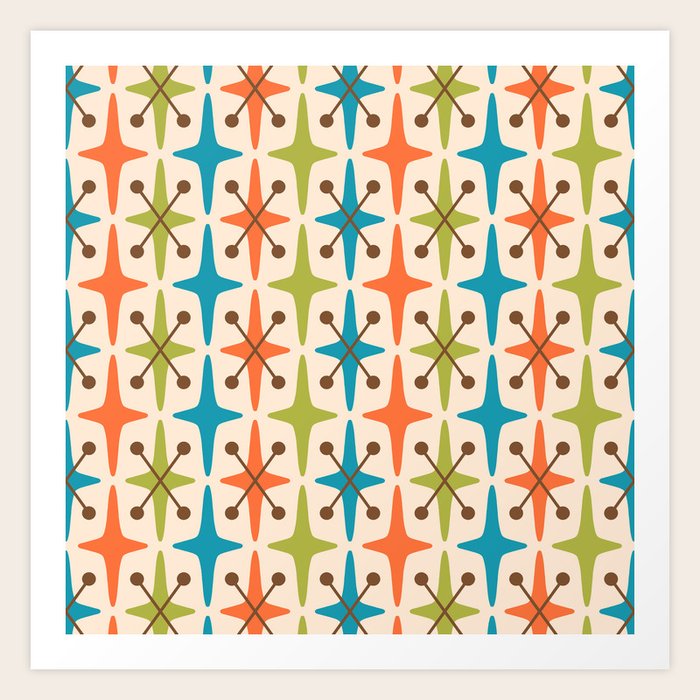Mid Century Modern Abstract Star Pattern 441 Orange Brown Turquoise Chartreuse Art Print By Tonymagner Society6