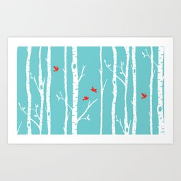 Birch tree forest with red birds  Art Print