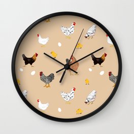 Chicken,chicks,roosterpattern,plane beige background  Wall Clock