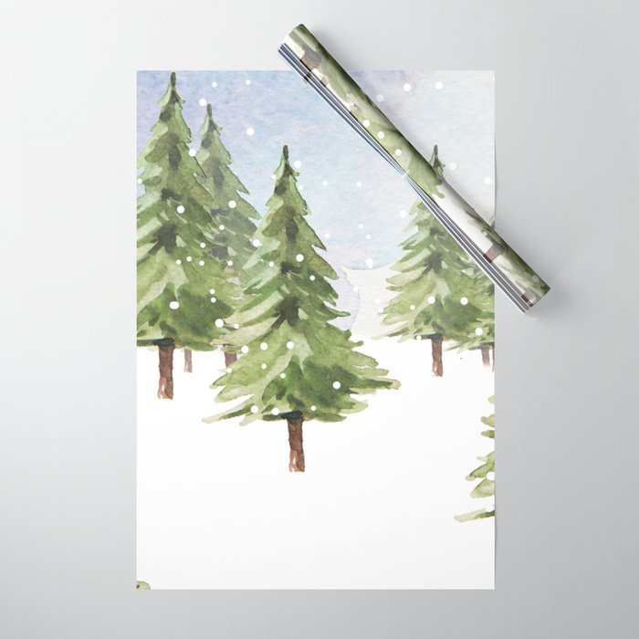 Festive Snowy Fir Trees Watercolor Art Wrapping Paper
