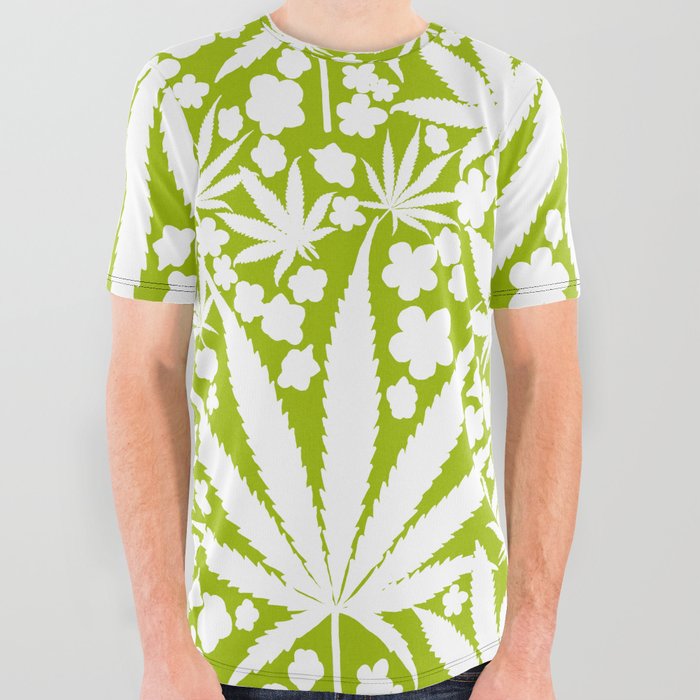 Fresh Retro Modern Green Cannabis And Flowers  All Over Graphic Tee
