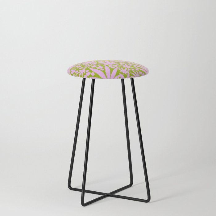 Mid-Mod Pink And Green Cannabis And Flowers Counter Stool
