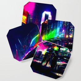 Postcards from the Future - Neon City Coaster | Urban, Future, Colorful, Street, Modern, Painting, Cyberpunk, Structure, Neon, City 