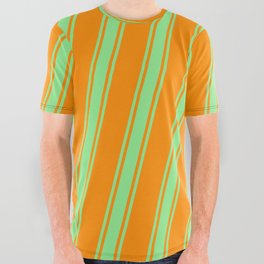 [ Thumbnail: Dark Orange and Light Green Colored Lined/Striped Pattern All Over Graphic Tee ]