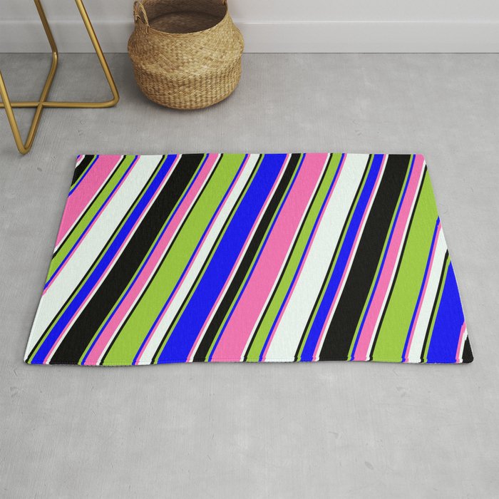 Eye-catching Green, Blue, Hot Pink, Mint Cream & Black Colored Pattern of Stripes Rug