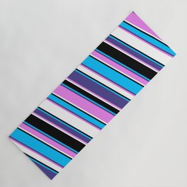 [ Thumbnail: Deep Sky Blue, Dark Slate Blue, Violet, White & Black Colored Lines/Stripes Pattern Yoga Mat ]