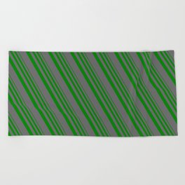 [ Thumbnail: Green & Dim Grey Colored Stripes/Lines Pattern Beach Towel ]
