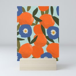 Clementine Orange Blue Flowers Pattern Leaves Mini Art Print
