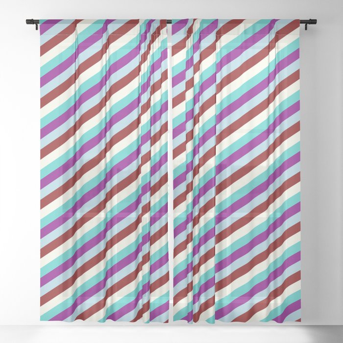 Colorful Turquoise, Purple, Light Blue, Maroon & Ivory Colored Stripes Pattern Sheer Curtain