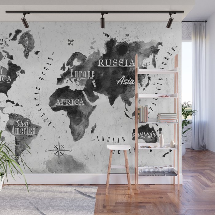 Black And White World Map Wall Mural By Crazytz Society6