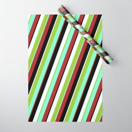 [ Thumbnail: Eyecatching Green, Aquamarine, Red, Black & Mint Cream Colored Stripes/Lines Pattern Wrapping Paper ]