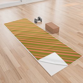 [ Thumbnail: Coral & Green Colored Striped Pattern Yoga Towel ]