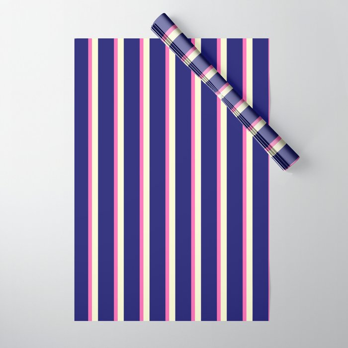 Light Yellow, Midnight Blue, and Hot Pink Colored Lined Pattern Wrapping Paper