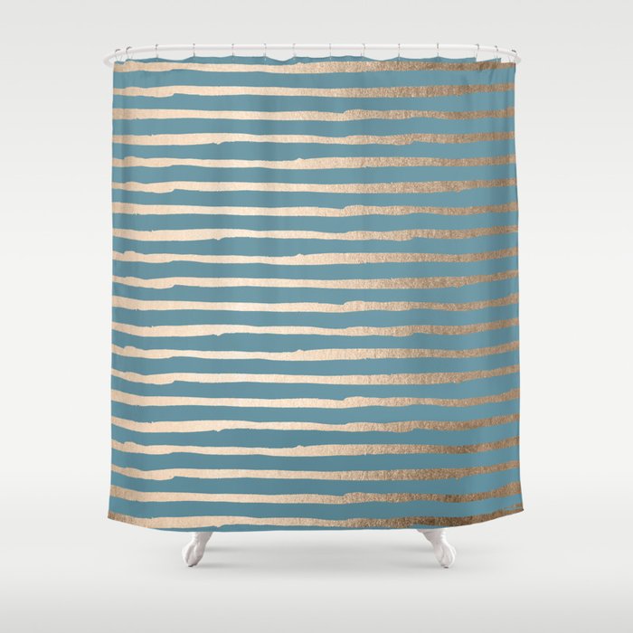 Abstract Stripes Gold Tropical Ocean Blue Shower Curtain By
