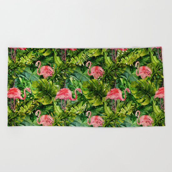 Aloha- Tropical Flamingo Bird and Palm Leaves Garden Beach Towel