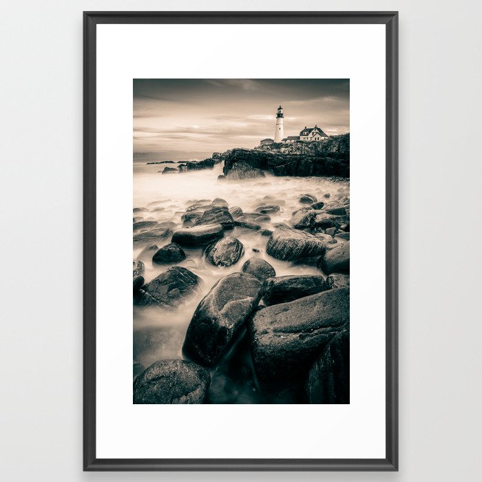 Portland Lighthouse On The Cliffs Of Cape Elizabeth - Sepia Framed Art Print
