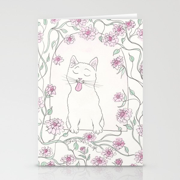 White Cat with Pink Rose Leafy Vine Stationery Cards