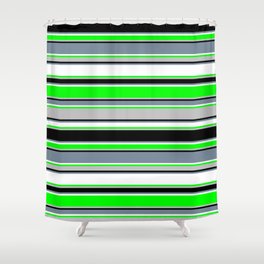 [ Thumbnail: Vibrant Lime, Grey, Black, Light Slate Gray & White Colored Pattern of Stripes Shower Curtain ]