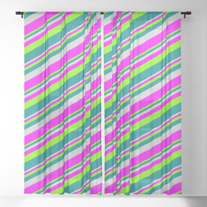 Light Grey, Fuchsia, Green, and Dark Cyan Colored Lines/Stripes Pattern Sheer Curtain