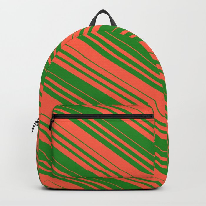 Red and Forest Green Colored Striped Pattern Backpack