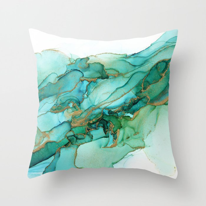Emerald Gold Waves Abstract Ink Throw Pillow