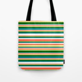 [ Thumbnail: Eyecatching Red, Tan, Dark Green, Teal, and White Colored Stripes/Lines Pattern Tote Bag ]