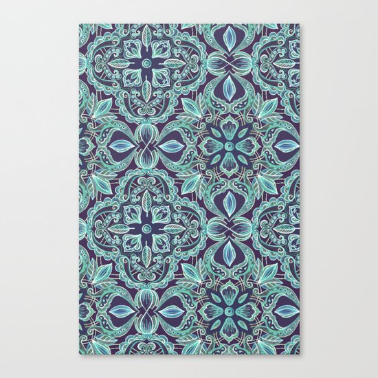 Chalkboard Floral Pattern in Teal & Navy Canvas Print