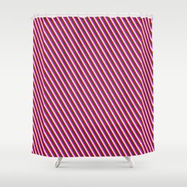 [ Thumbnail: Dark Green, Fuchsia, White & Red Colored Lined/Striped Pattern Shower Curtain ]