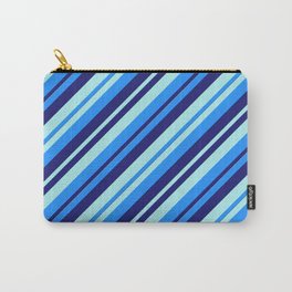[ Thumbnail: Blue, Midnight Blue, and Turquoise Colored Lined/Striped Pattern Carry-All Pouch ]