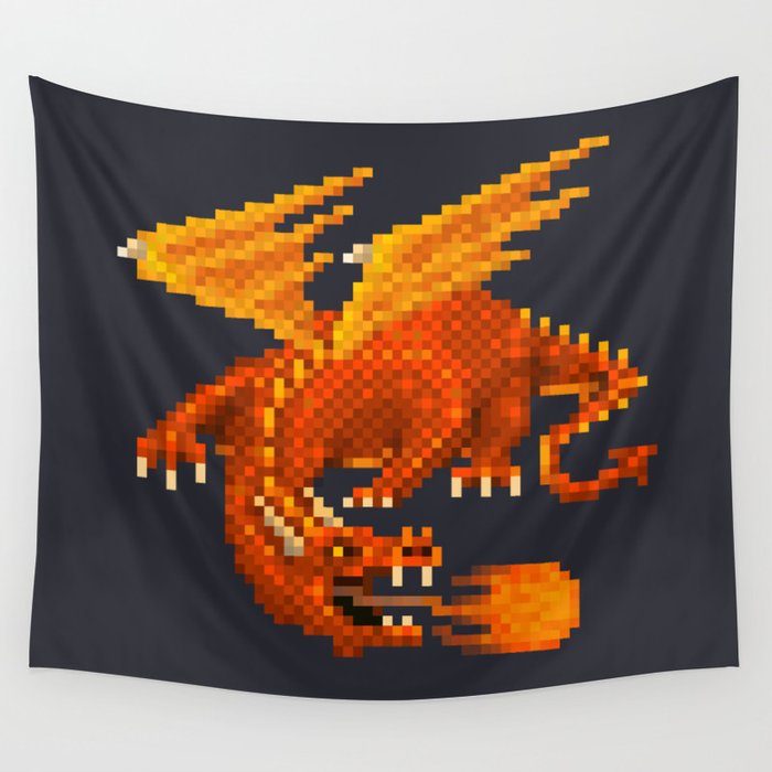 Pixel Fiery Dragon Wall Tapestry