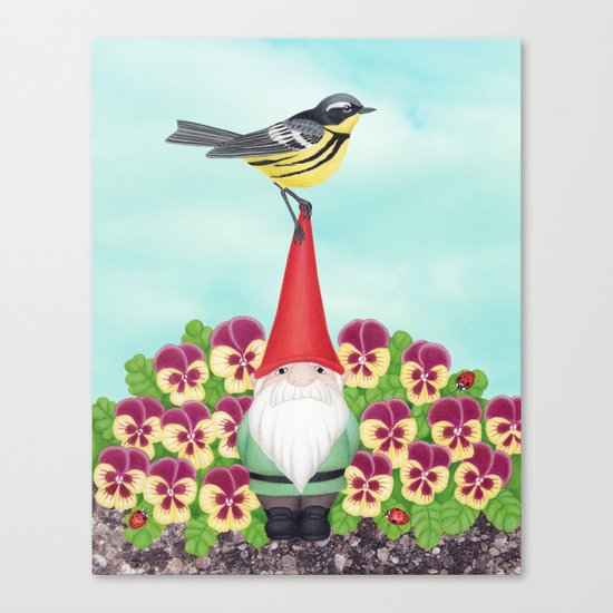 gnome with magnolia warbler and pansies Canvas Print