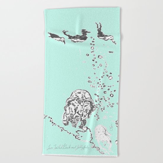Two Tailed Duck and Jellyfish Mint Green Beach Towel