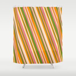 [ Thumbnail: Green, Dark Orange, Bisque, and Light Coral Colored Lines Pattern Shower Curtain ]
