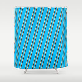 [ Thumbnail: Deep Sky Blue, Tan & Maroon Colored Stripes/Lines Pattern Shower Curtain ]