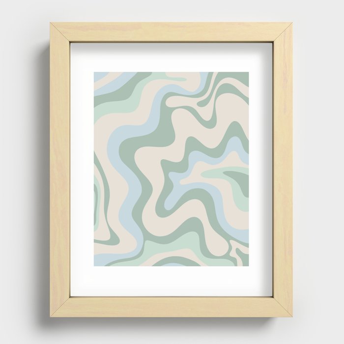 Retro Liquid Swirl Abstract Pattern Celadon Green Baby Blue Beige Recessed Framed Print